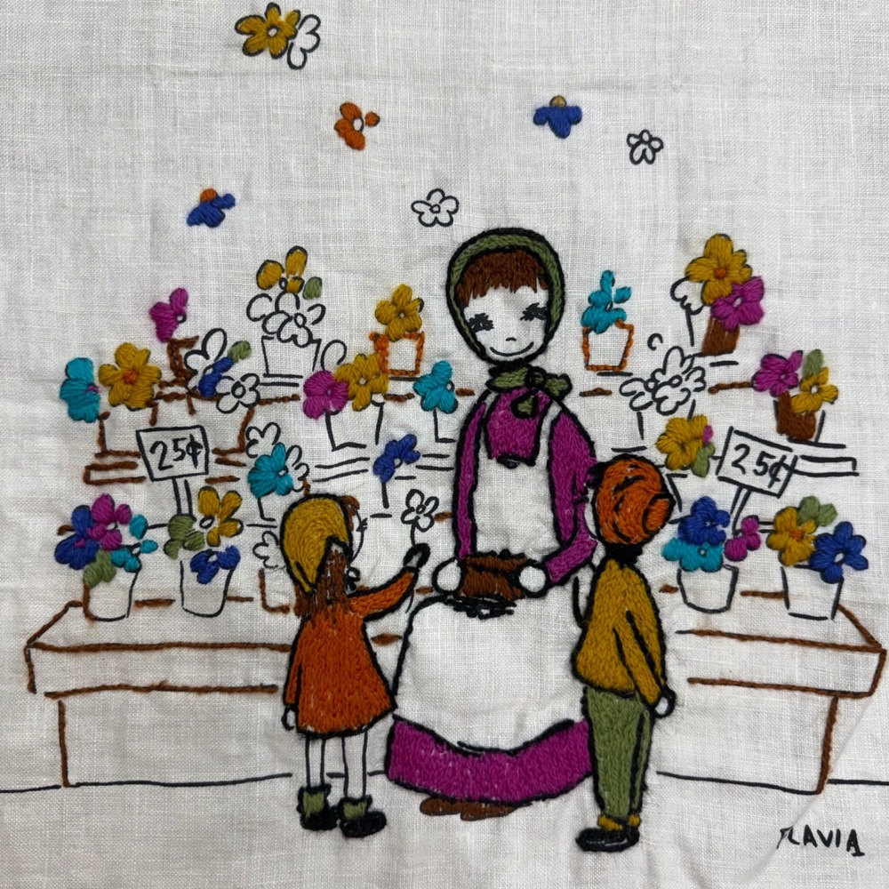 Vintage Flavia Weedn Hand Embroidered Linen Longfellow Quote Flower Market Art